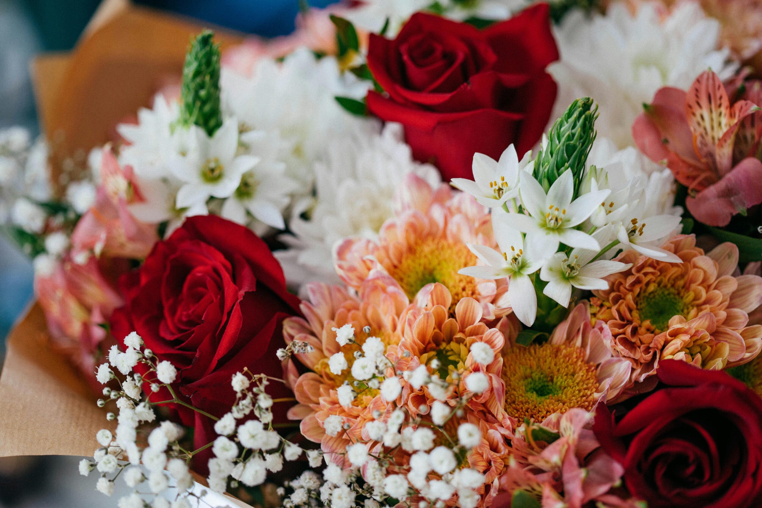 Home A colorful bouquet featuring red roses, white star of Bethlehem, and chrysanthemums.